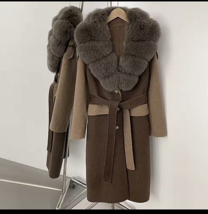 Kontantto plaszcz kaszmirowy w brazie z futrem lisa xs-xxl