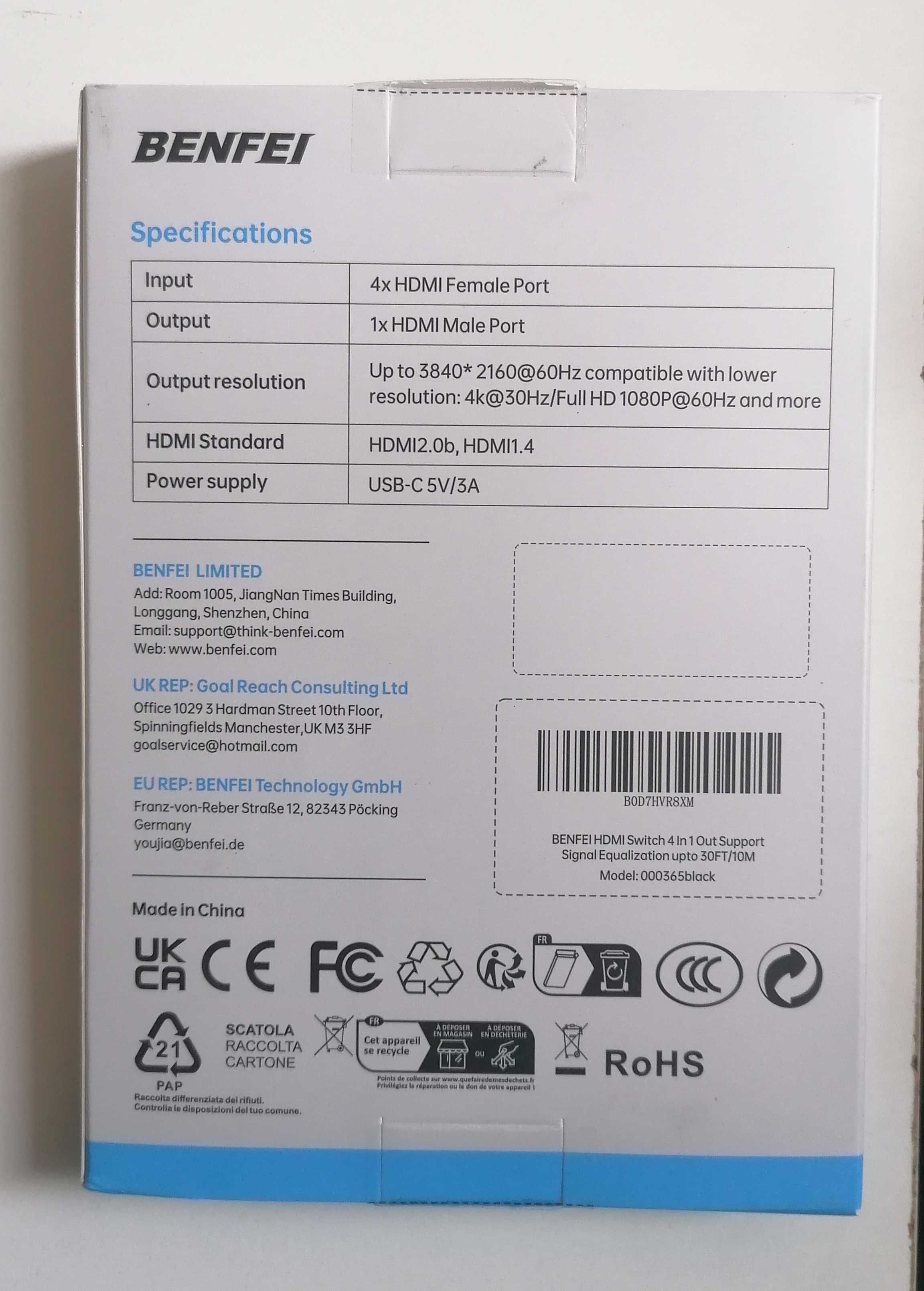 HDMI Switch Benfei 4x1 4K 60Hz HDCP 2.3 USB-C