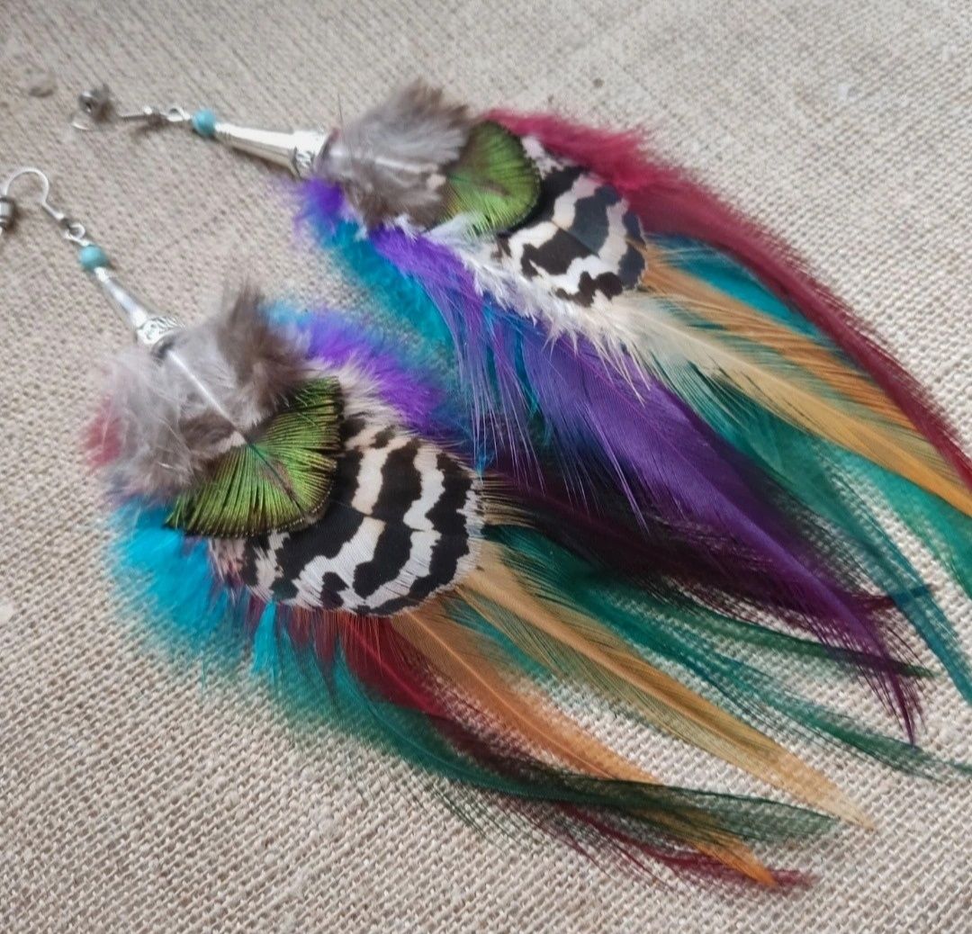 Autorskie kolczyki pióra kolorowe howlit handmade srebro 925