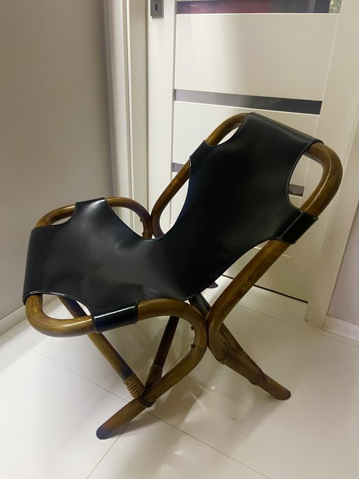 Fotel Skórzany Typu Sling Back Z Czarnej Skóry. Unikat ,Stylowy