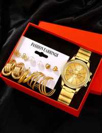 Женские кварцевые часы и набор украшений под золото