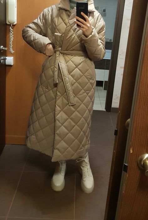 Пальто пуховик стьобане бежеве S/M, М/L