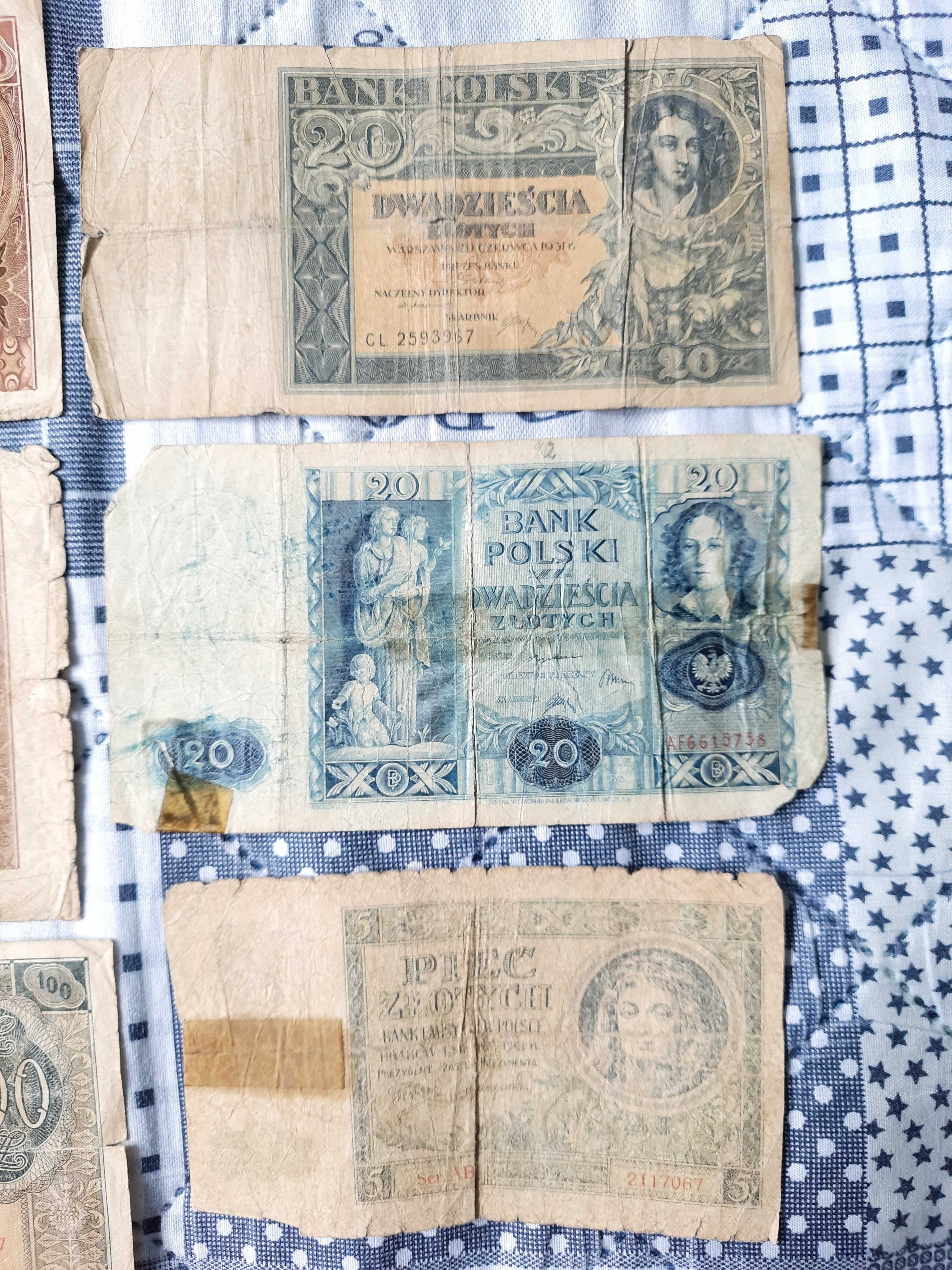 stare polskie banknoty okupacja niemiecka PRL 5,20,100 zł 1931,1936 r