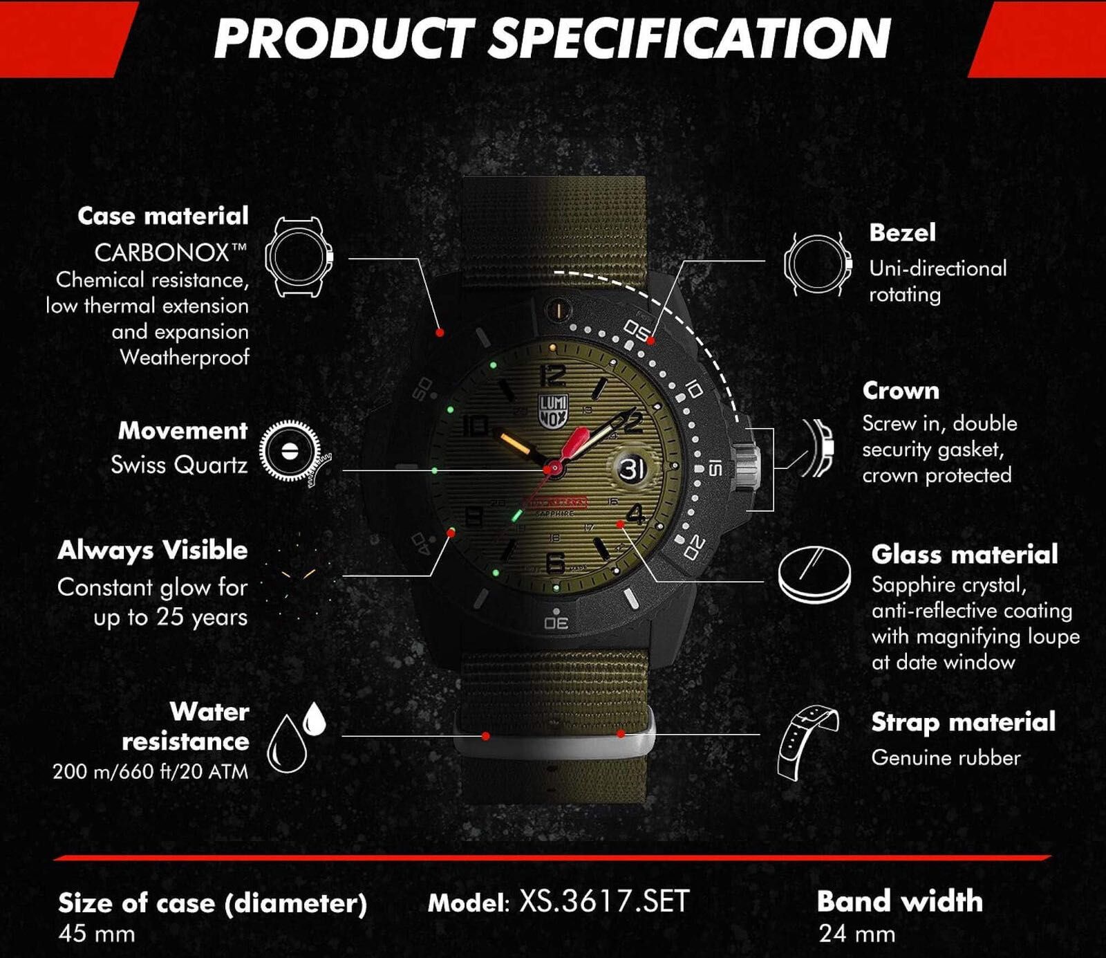 Годинник LUMINOX 3617.SET Navy Seal 3600 Tritium 45 mm 200 MT SAPPHIRE