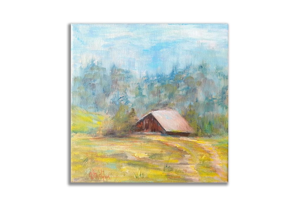 Obraz ręcznie malowany 20x20 cm góry domek pejzaż górski