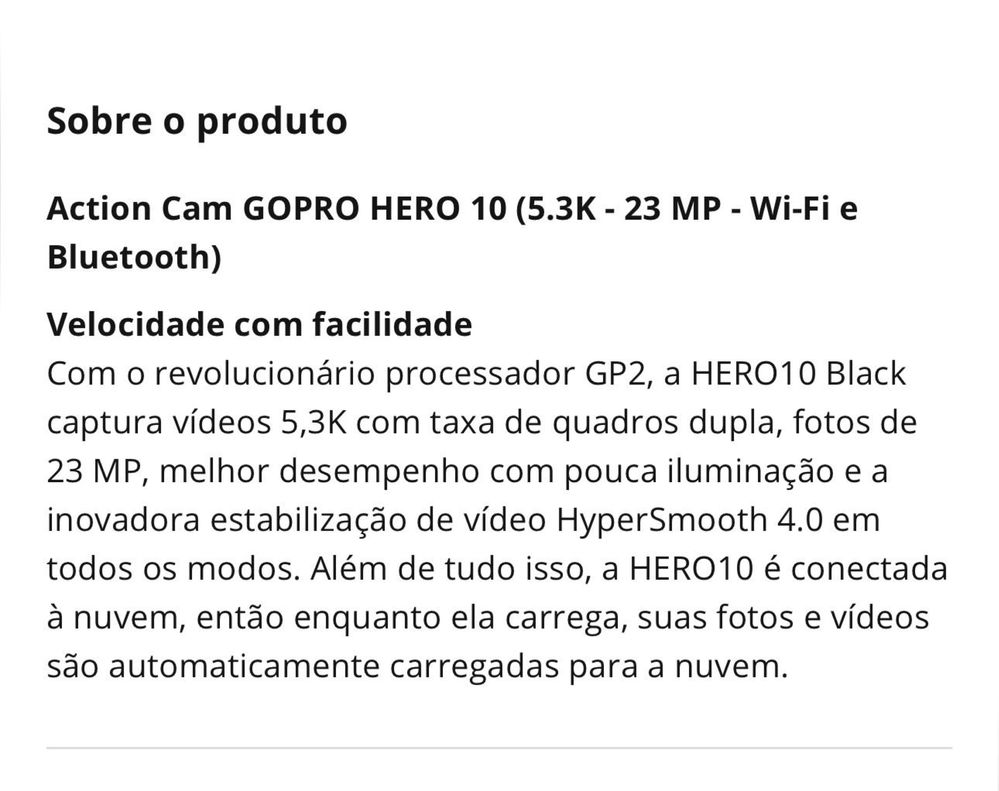 Action Cam GOPRO HERO 10 (5.3K - 23 MP - Wi-Fi e Bluetooth)