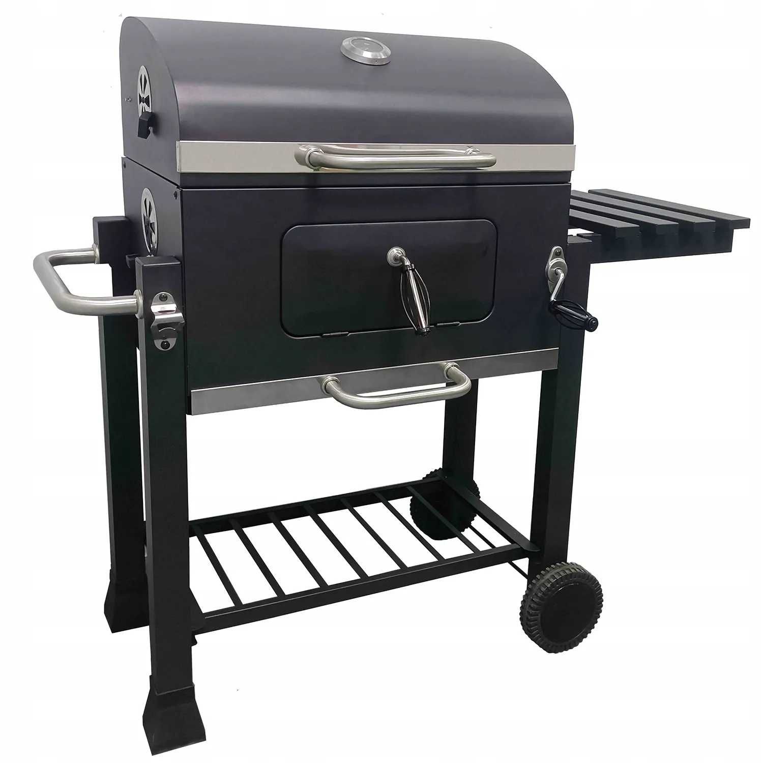 Duży grill węglowy żeliwny ruszt solidny trwały kółka półki termometr
