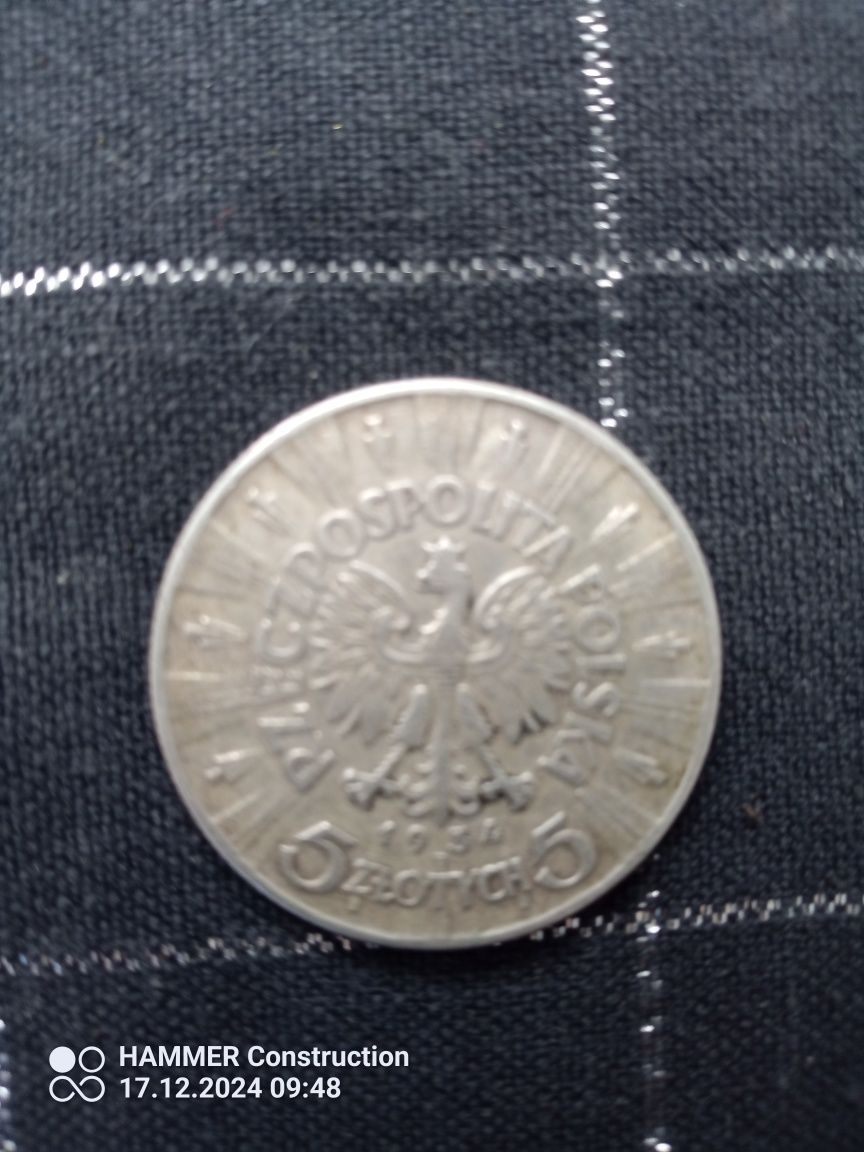 Srebrna Moneta 5 złotych z Marszałkiem Józefem Piłsudskim z 1934 roku