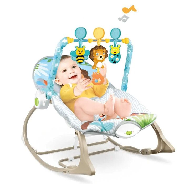 Leżaczek bujaczek dla dzieci niemowląt niebieski grzechotki wibracje