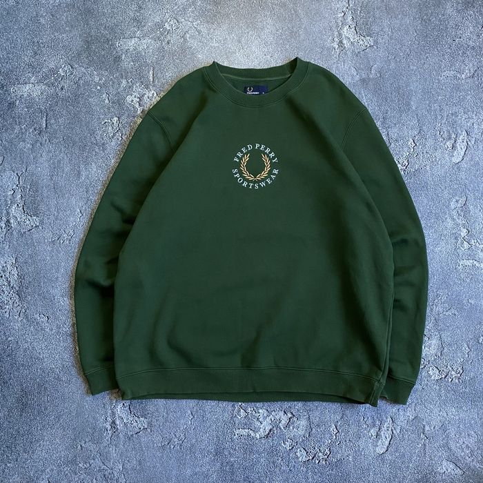 Світшот темно зеленого кольору від fred perry BIG logo, фредак vintage
