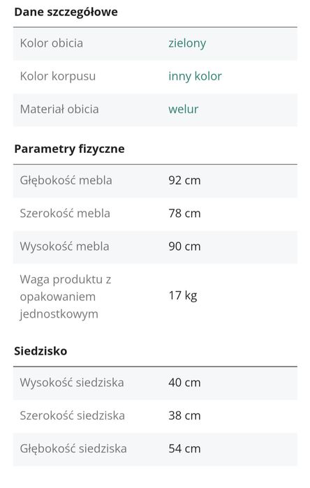 Fotel NOWY uszak zielony welurowy