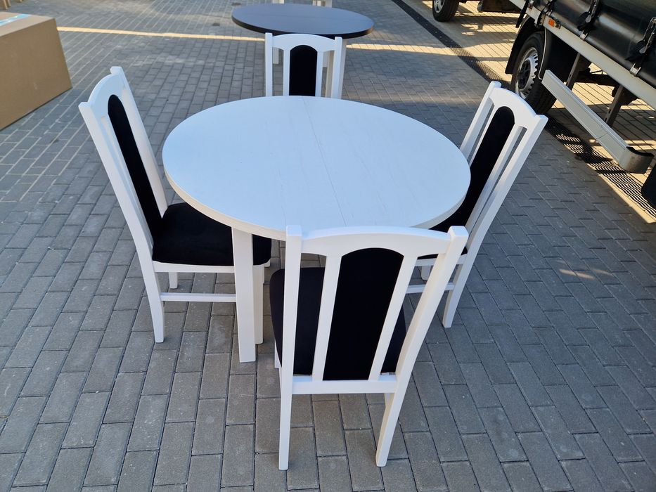 Nowe: Stół okrągły + 4 krzesła, biały + czarny, transport cała PL
