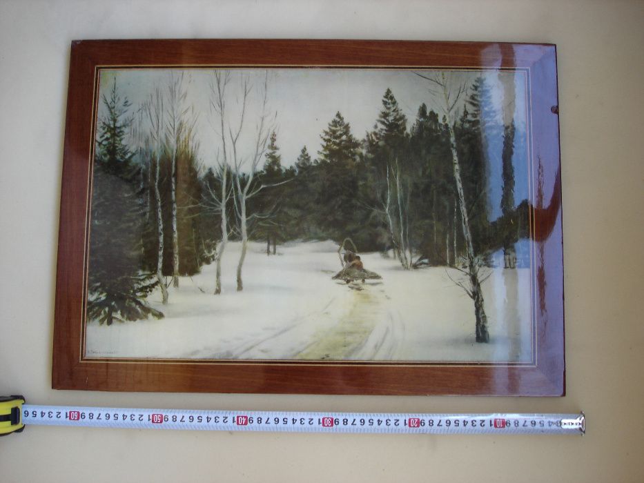 Картина Сани зимой в лесу. Нанесено на дерево под лаком. Эпохи СССР.