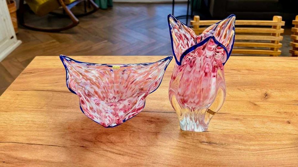 Efektowny zestaw czeskiego szkła wazon patera Egermann