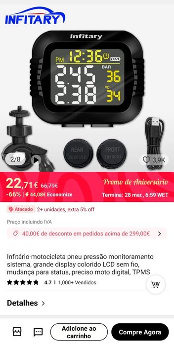 Sensor pressão de pneus para motociclo