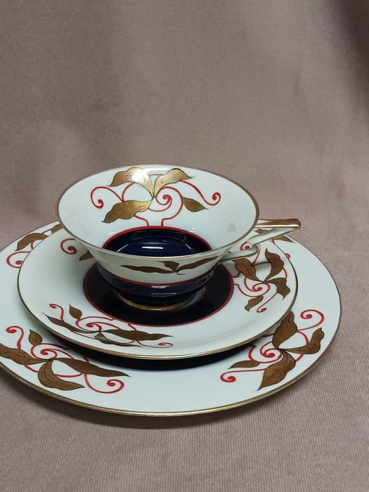 Art deco trio sniadaniowe porcelana recznie malowana filizanka