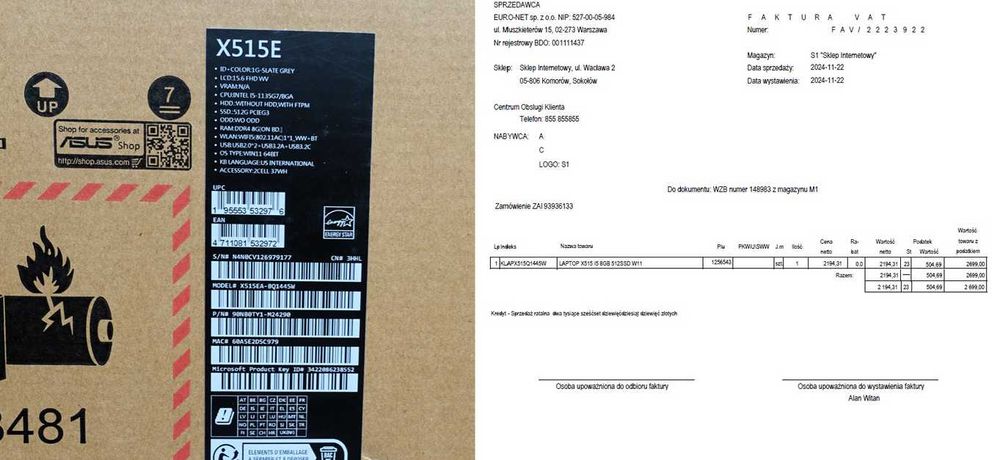 NOWY ASUS X515EA 15,6" i5-1135G7 8GB SSD512GB Win11 PL