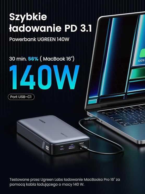 UGREEN Power Bank 140W Zewnętrzna bateria  25000mAh USB C MacBookiem