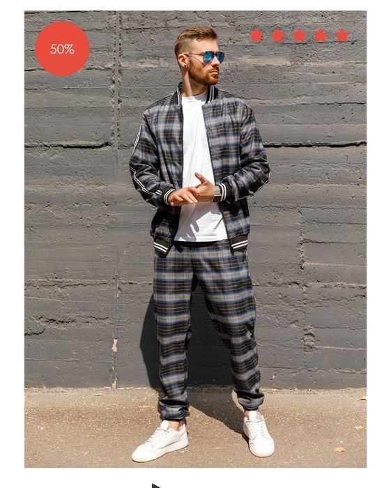 Клетчатый серый костюм с бомбером. Чоловічий костюм з бомбером