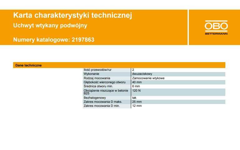 Uchwyt wtykany podwójny OBO 1974 2x12-25 Obejma tynk posadzka 110Szt.