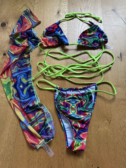 Bikini 3 częściowe shein L z chustą neon kolorowe