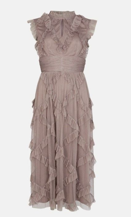 COAST koktajlowa sukienka tiulowa midi zgaszony róż falbanki r. 44-46