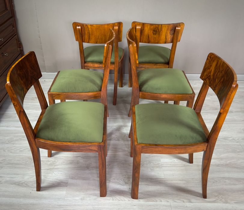 Krzesła Art Deco orzech + zielony aksamit, lata 30.