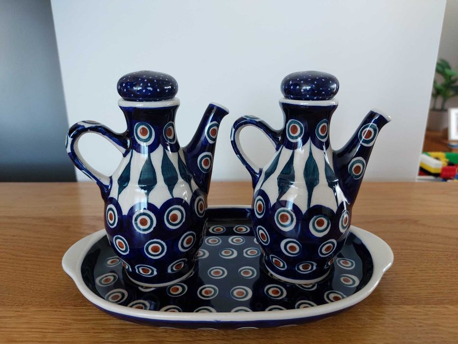Krówka do mleka, zestaw do oliwy i octu, Bolesławiec, ceramika