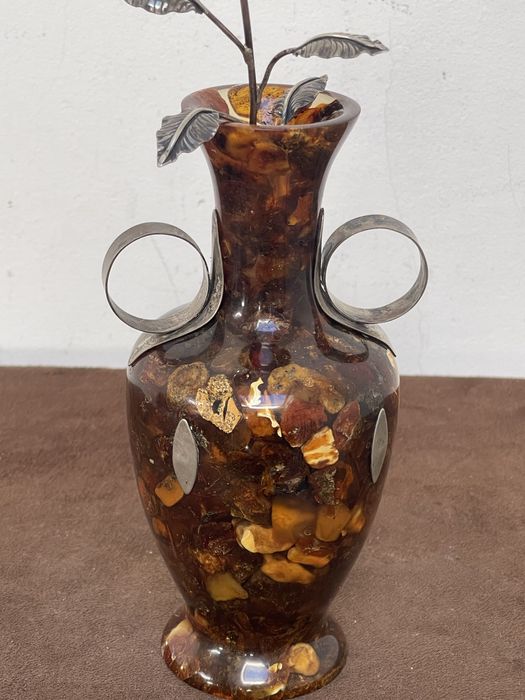 Bursztyn Wazon Okuty Srebrem ze Srebrną Różą Sygnowany Pamiątka z Prl