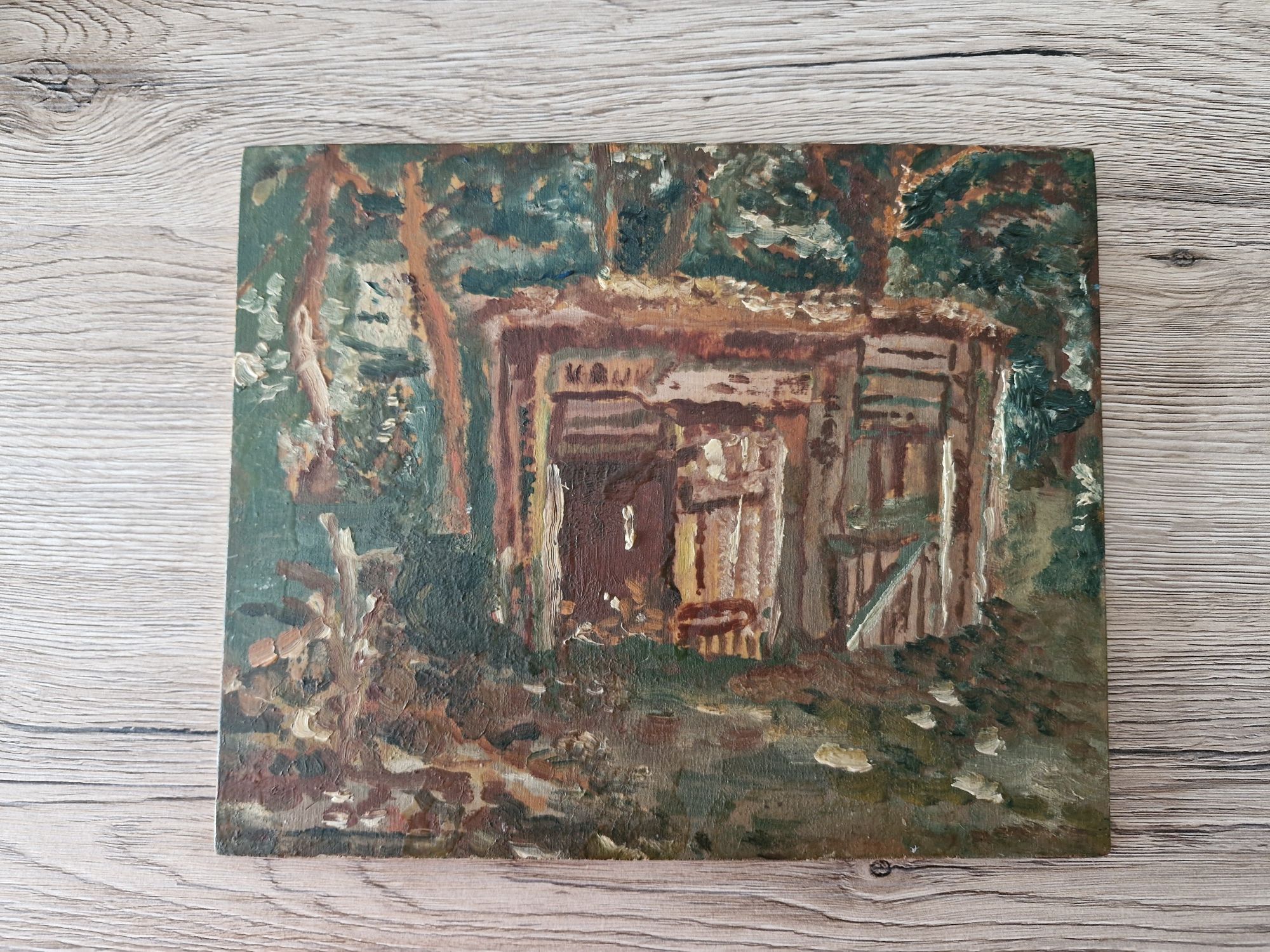 Obraz olej "Drewutnia" 1975 Stanisław Grochowiak "Kain"