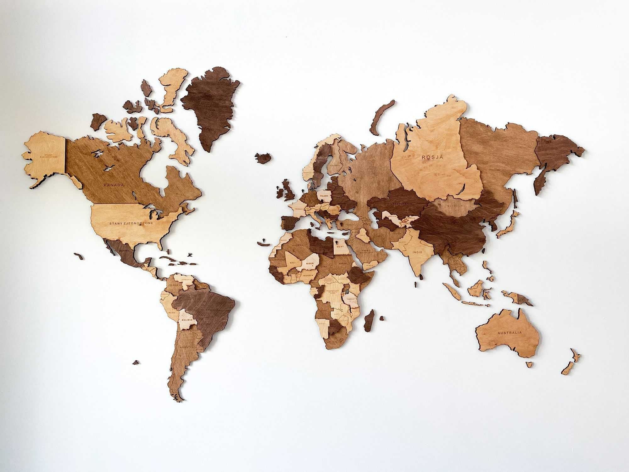 Mapa Świata 3D, Drewniana Mapa z Drewna 3D - 120 x 80 cm PL