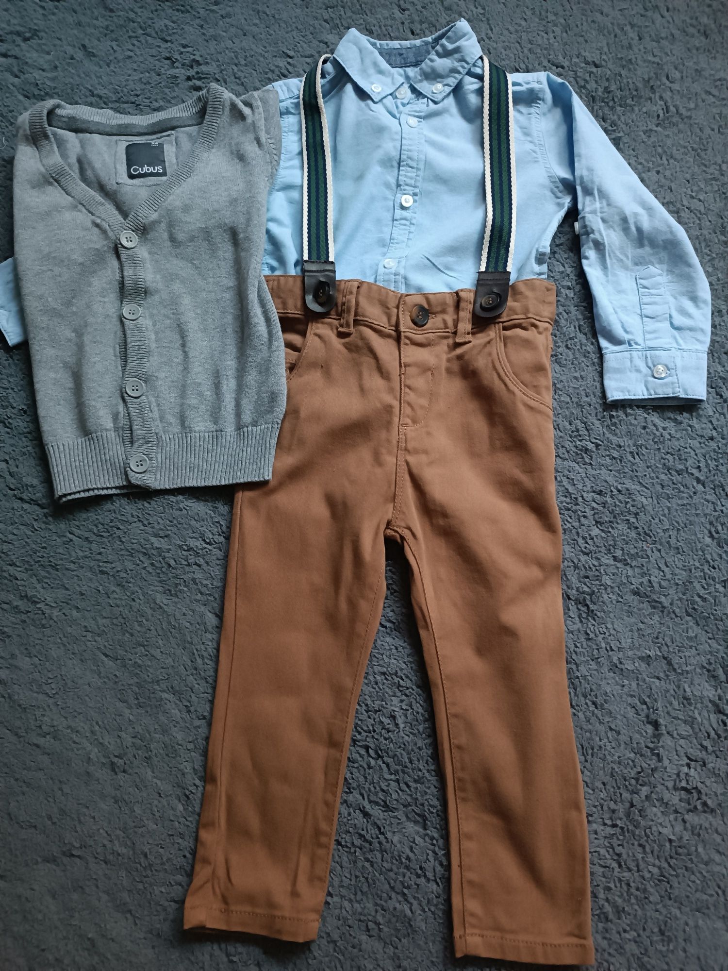 Elegancki zestaw spodnie z szelkami koszula Primark sweterek cubus