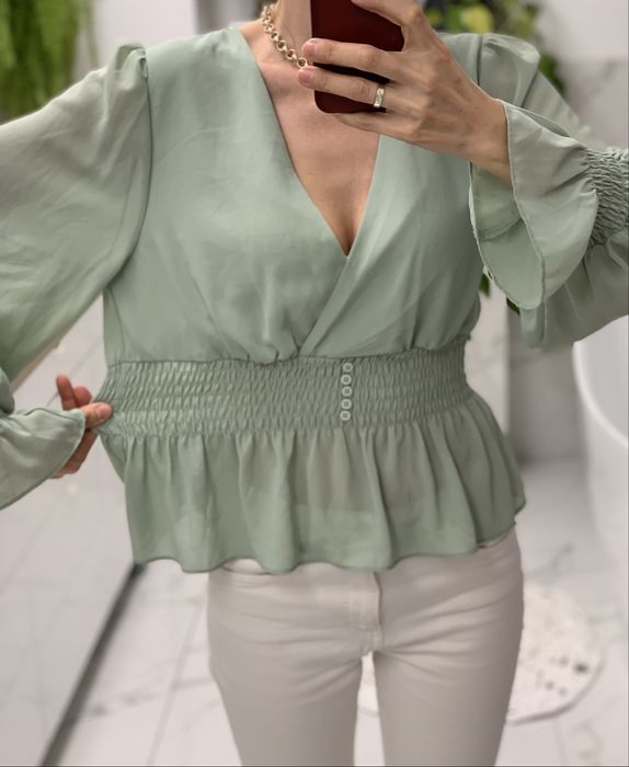 Bluzka mietowa z szyfonu bufiaste rekawy boho romantyczna na lato 40