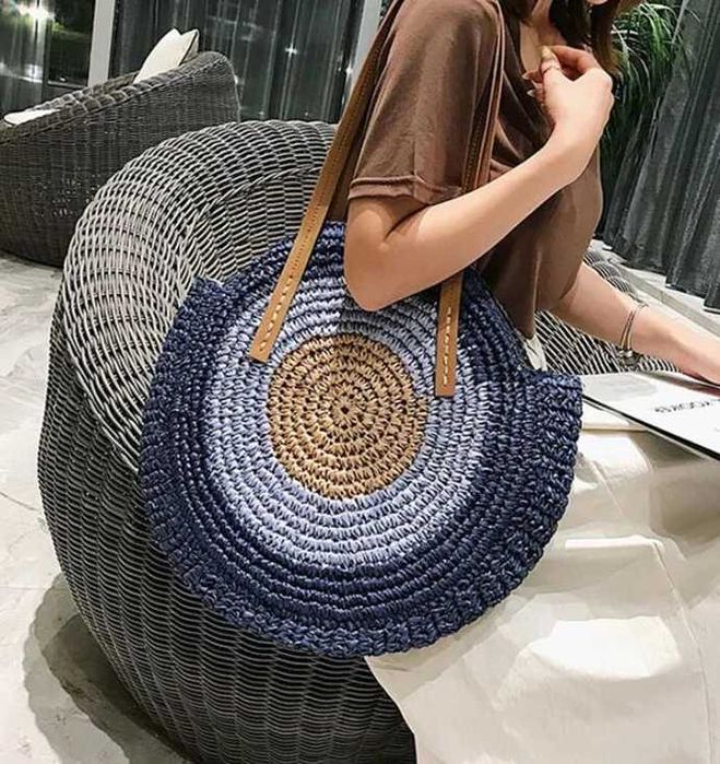 Кольорова синя солом'яна сумка плетена/в'язана з рафії  пляжна шопер