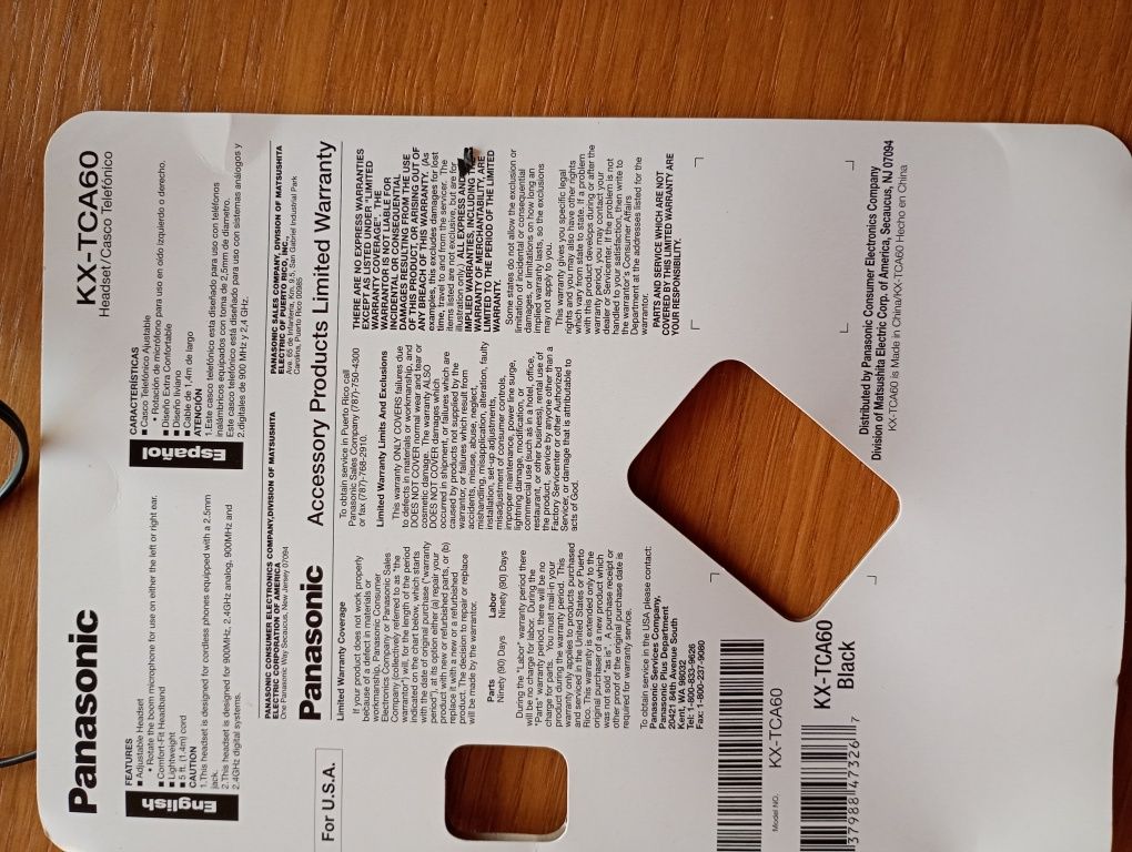 Panasonic KX-TCA60 słuchawka z mikrofonem 
SŁUCHAWKA NAGŁOWNA