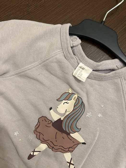 Bawełniana liliowa sukienka tiul jednorożec długi rękaw H&M r. 92