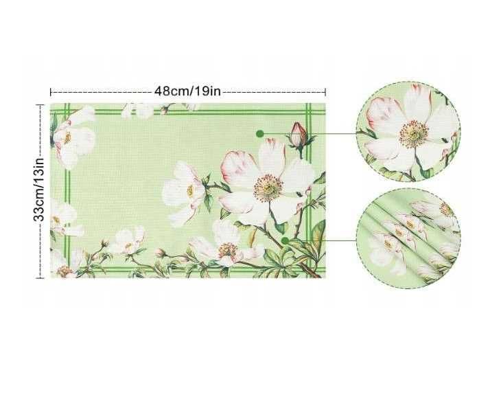 Podkładki na stół maty materiałowe zielone w kwiaty 33 x 48 cm 4sztuki