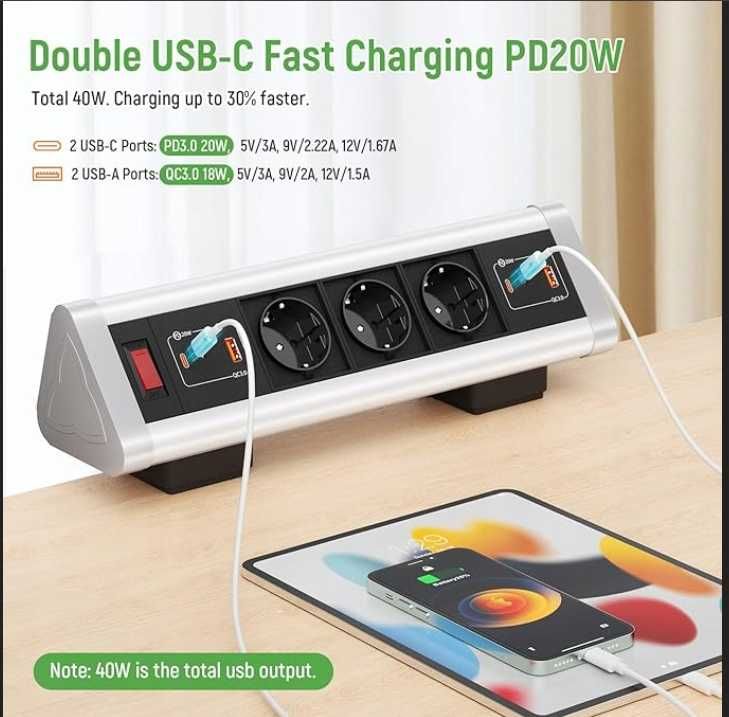 Gniazdo Stołowe 2 USB C PD 40 W 2 USB A z Przełącznikiem do Domu Biura