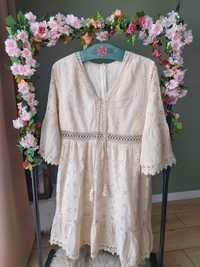 Sukienka damska Boho koronkowa Kremowa XL bawełna wesele chrzciny komu