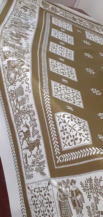 Obrus gruby lniany wzory etno folk biały i ciemna zieleń