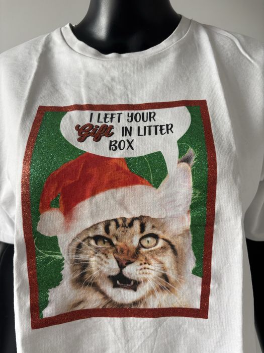 biały tshirt biała bluzka z krótkim rękawem Cropp S kot koty święta