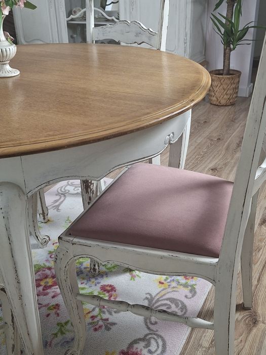 Drewniany stół okrągły +4 krzesła białe w stylu ludwika shabby chic