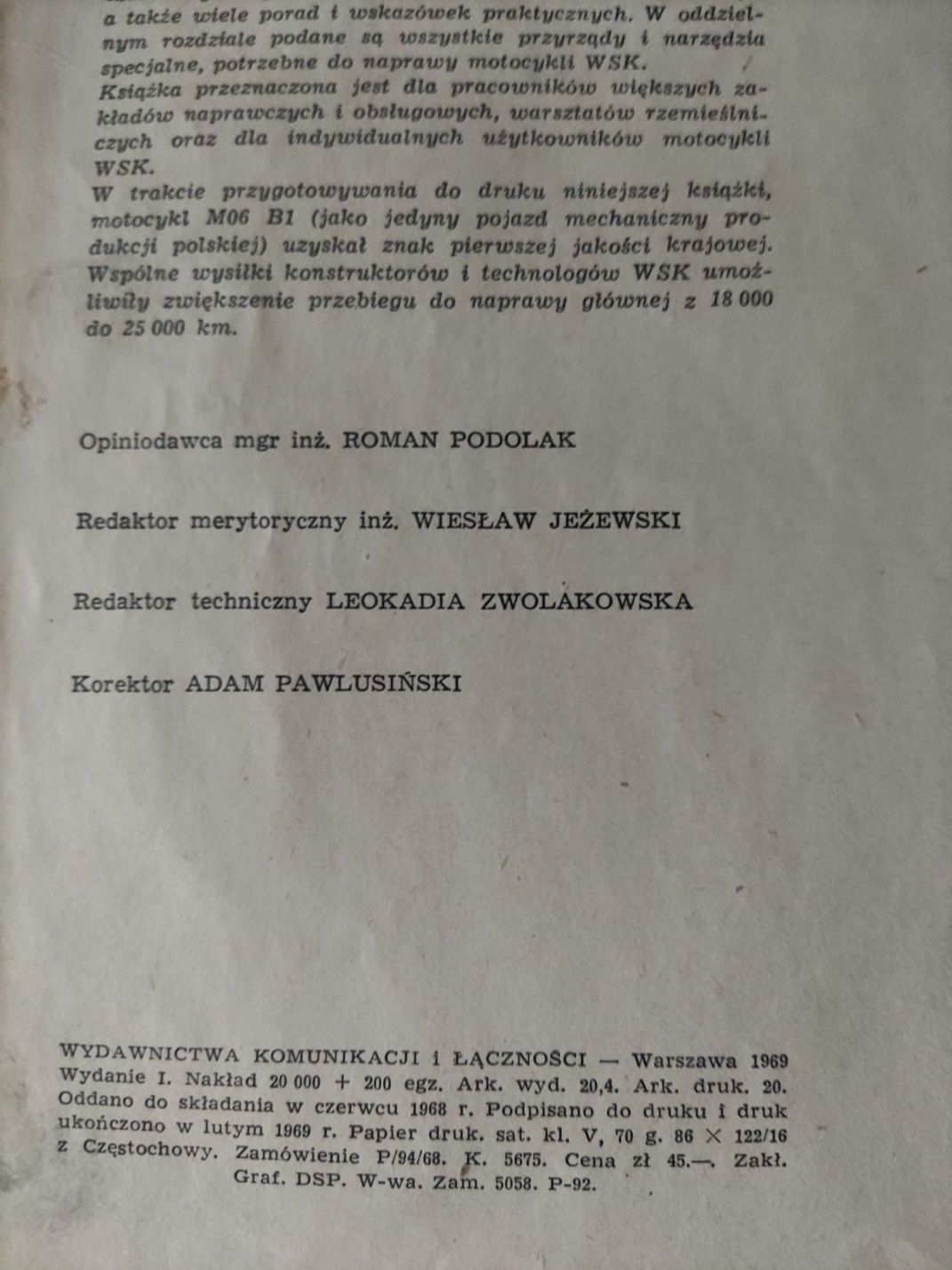 Naprawa motocykli WSK
Rok wydania 1969.