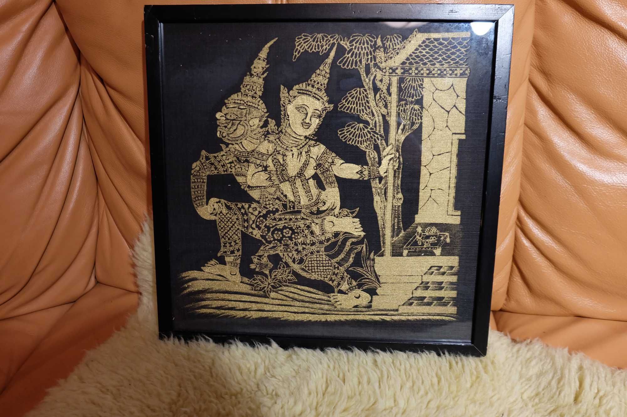 Jedwabny złoty obraz, sztuka tajska w czarnej drewnianej ramce