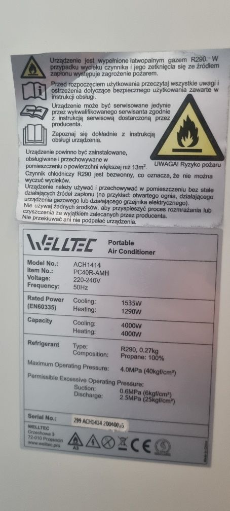 Klimatyzacja 3w1 WELLTEC 4 kw Super Mocna
