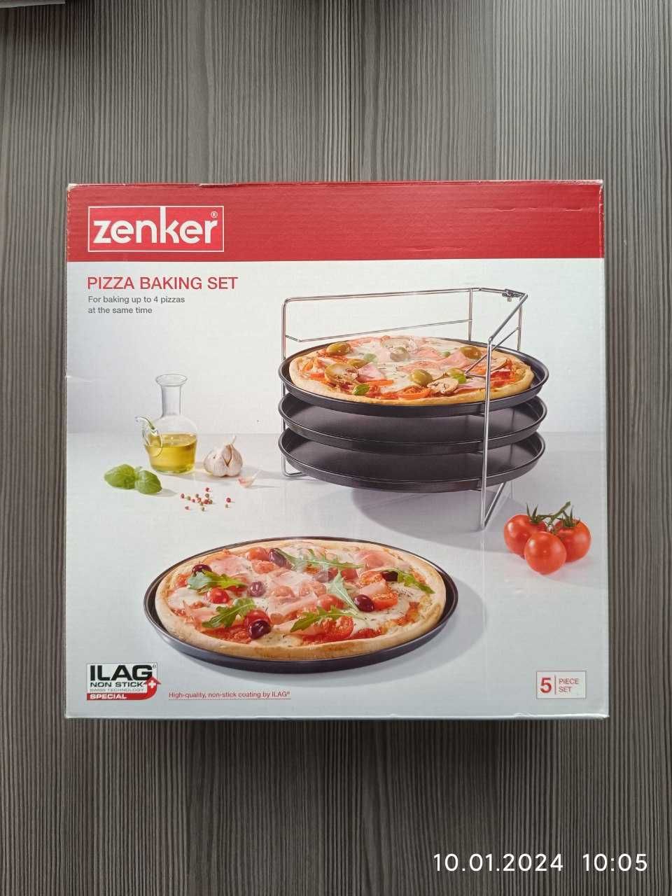 Nowe 4 blaszki do pizzy Zenker średnica 29cm+ stojak