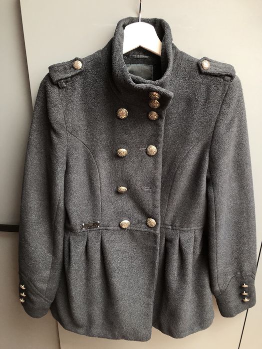 Płaszcz dwurzędowy szary styl militarny River Island rozmiar 36