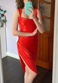 Czerwona sukienka czerwień Asos Design 36/S marszczenia ołówkowa