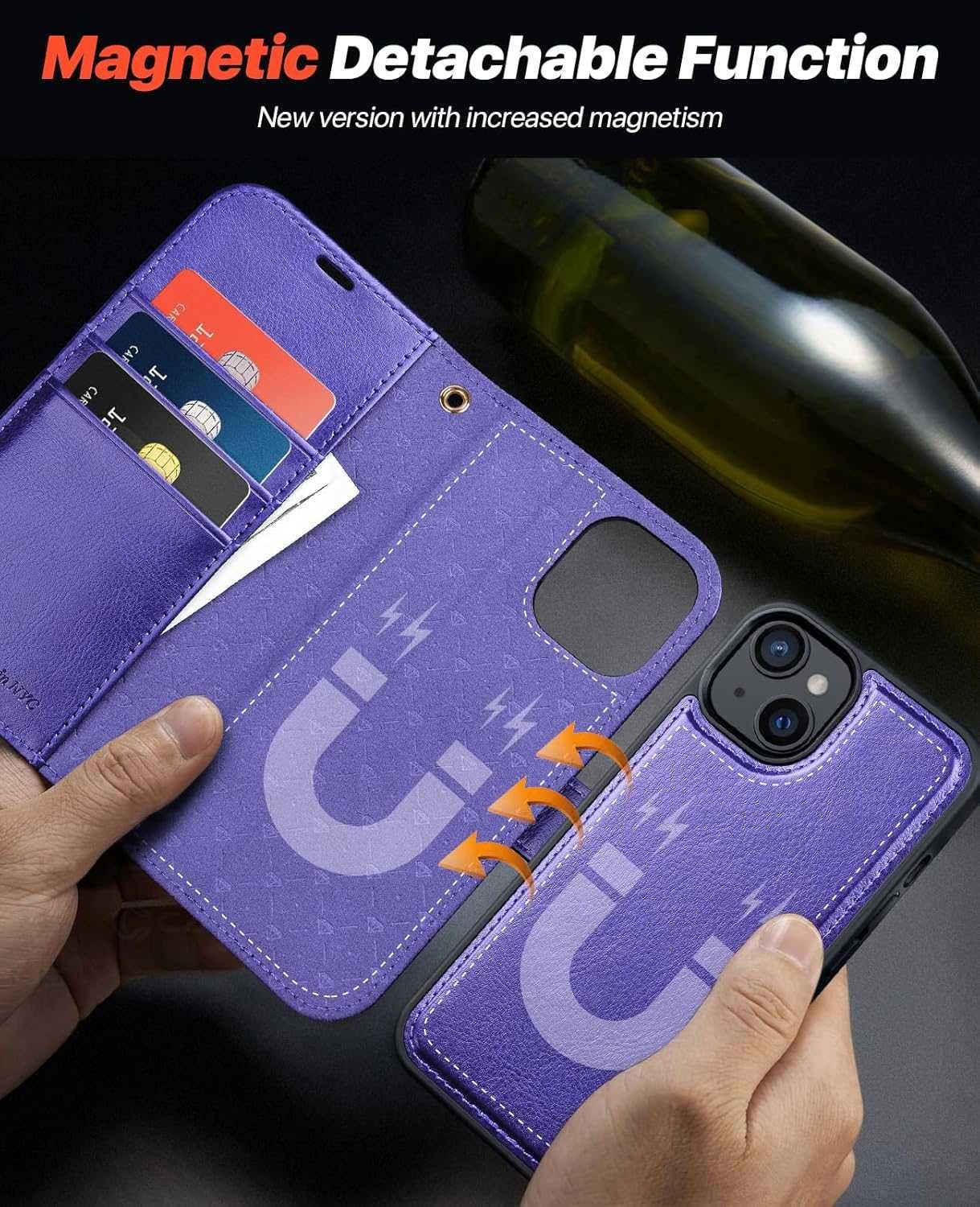 Ocase etui skórzane z klapką iPhone 15 magsafe stojak fiolet RFID 2w1