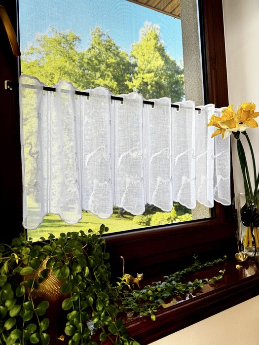 Firanka Kuchnia Biała Zazdrostka Haft Kot Panel wysokość 40 cm